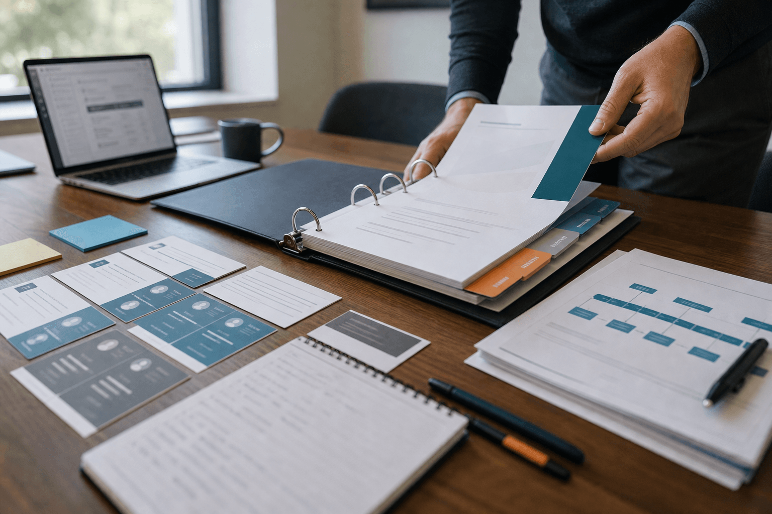 Consultant organizing a chaptered sales playbook binder with process cards and CRM notes